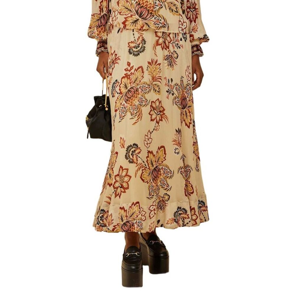 FARM Rio Cream Midi Skirt with Rust and Green Floral Print Size Large NWT